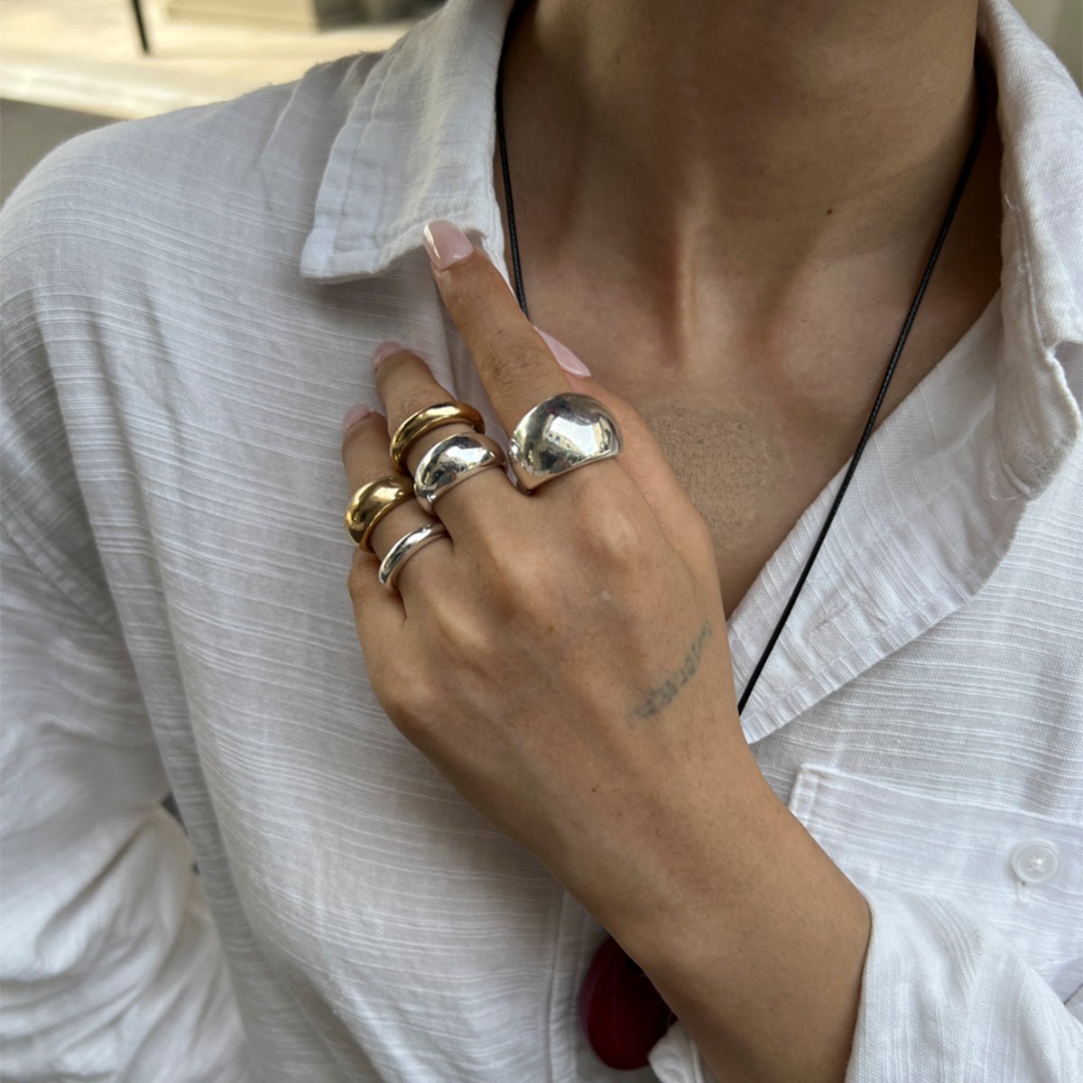 Minimalist 5pcs Gold Silver Tone Glossy Chunky Ring Set - ArtGalleryZen