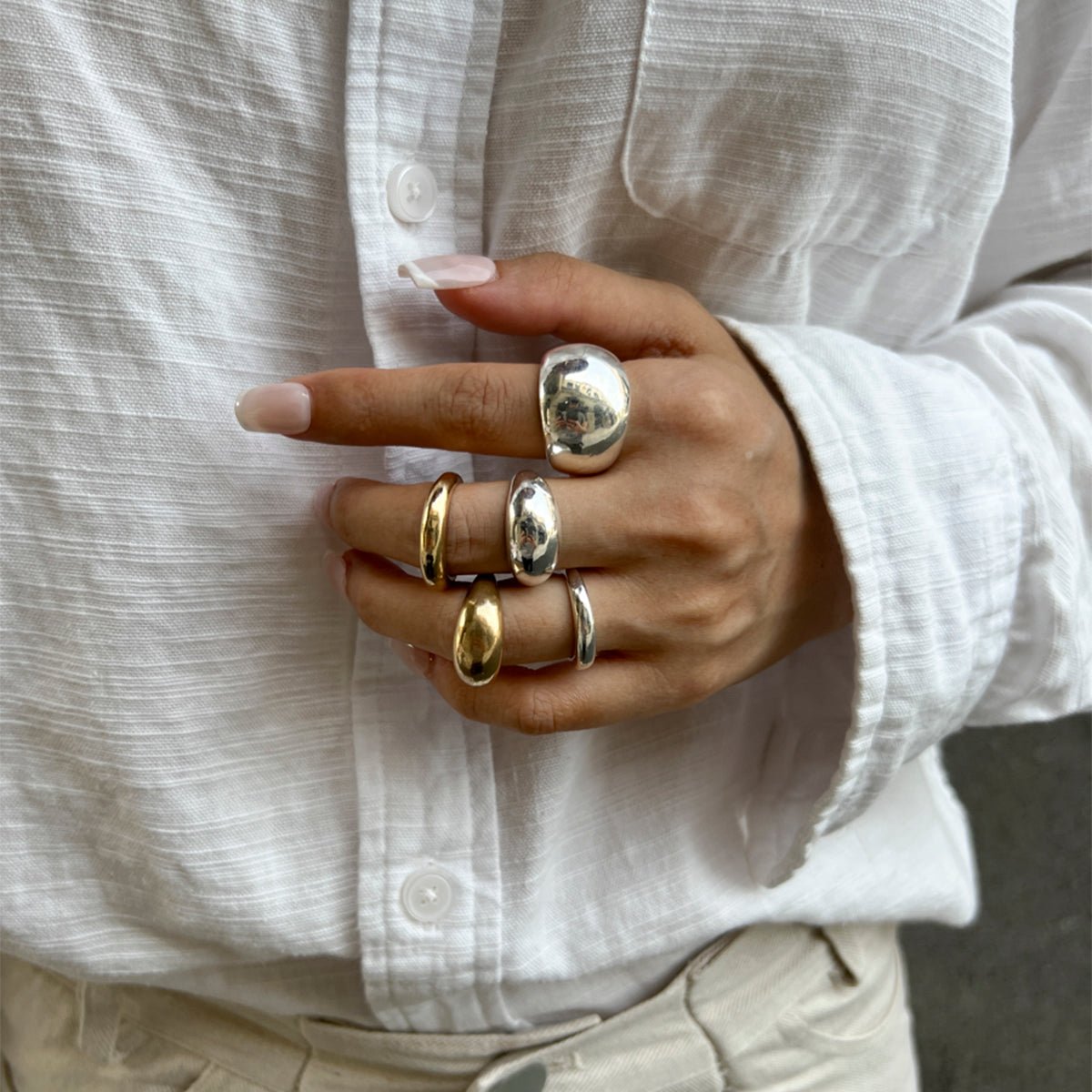 Minimalist 5pcs Gold Silver Tone Glossy Chunky Ring Set - ArtGalleryZen