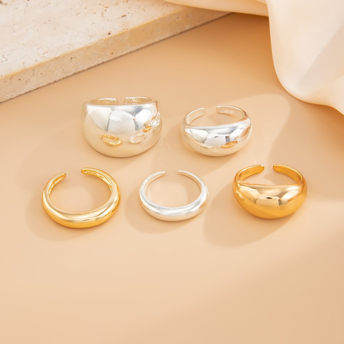 Minimalist 5pcs Gold Silver Tone Glossy Chunky Ring Set - ArtGalleryZen