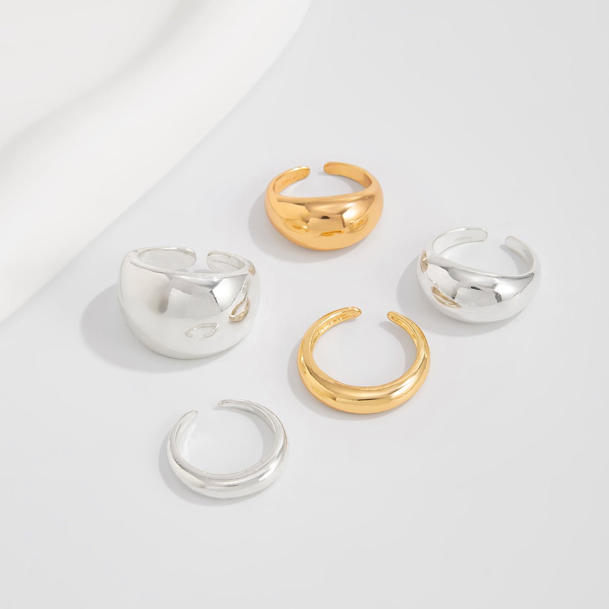 Minimalist 5pcs Gold Silver Tone Glossy Chunky Ring Set - ArtGalleryZen