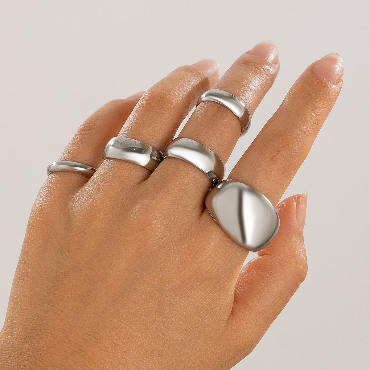 Minimalist 5Pcs Gold Silver Tone Glossy Open Ring Set - ArtGalleryZen