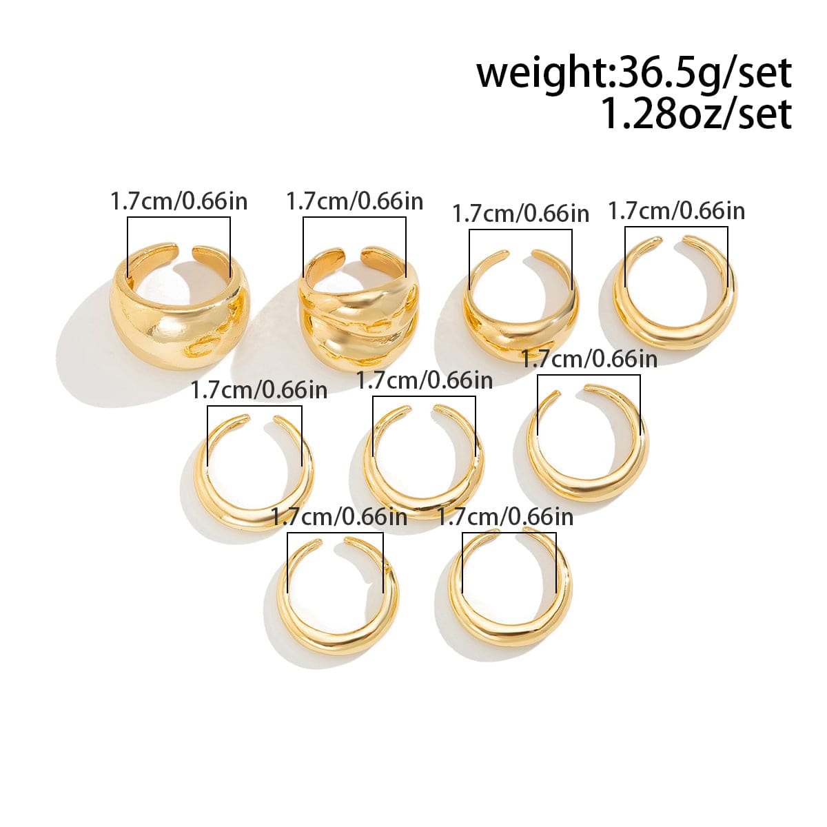 Minimalist 9pcs Glossy Chunky Stackable Open Ring Set - ArtGalleryZen