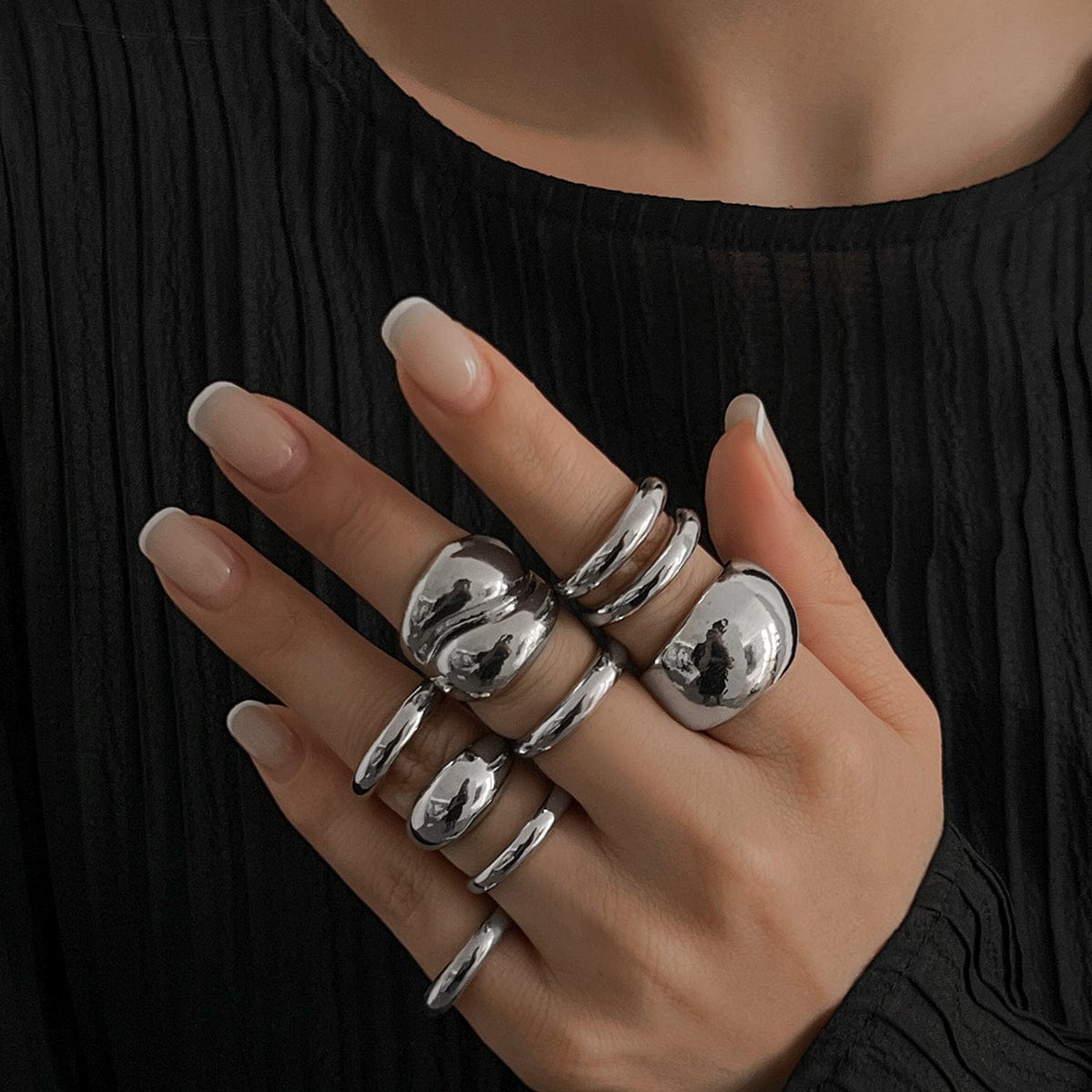 Minimalist 9pcs Glossy Chunky Stackable Open Ring Set - ArtGalleryZen