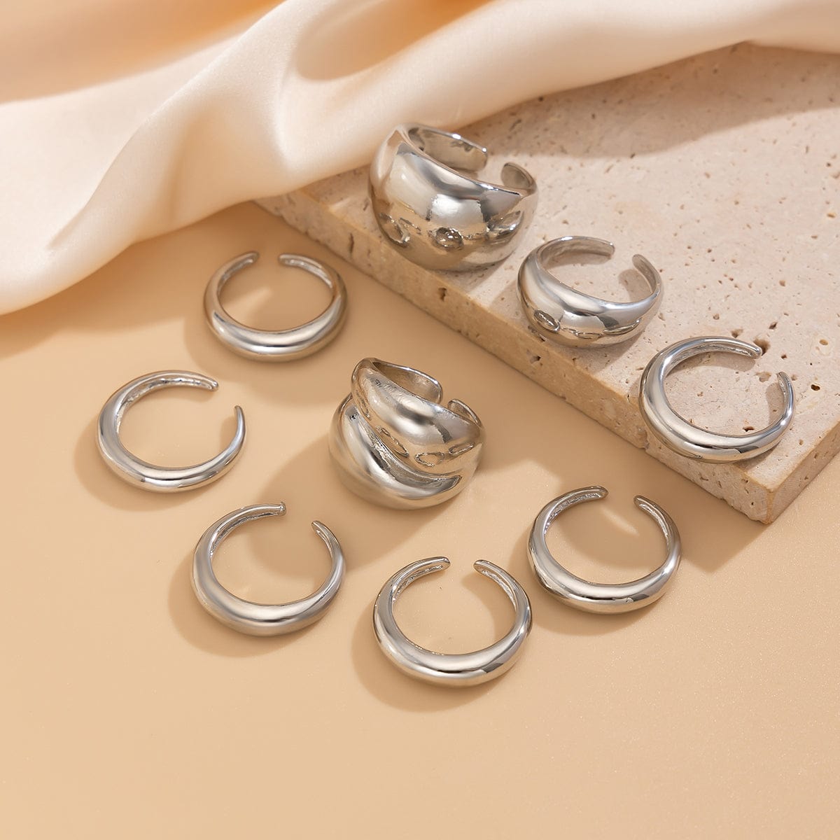 Minimalist 9pcs Glossy Chunky Stackable Open Ring Set - ArtGalleryZen
