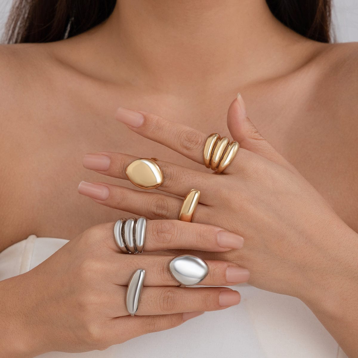 Minimalist Chunky Gold Silver Plated Glossy Open Ring Set - ArtGalleryZen