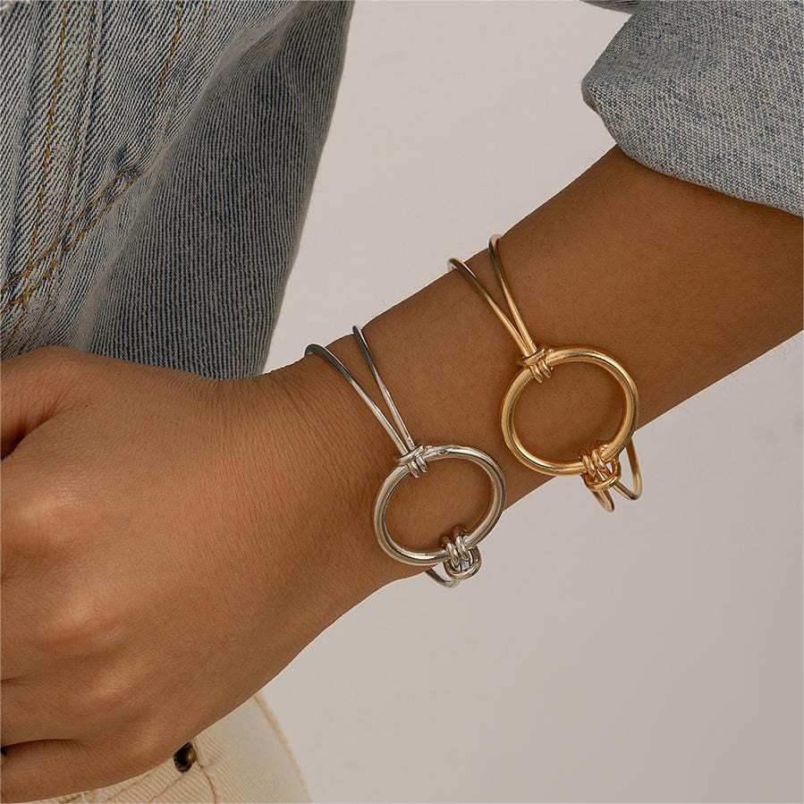 Minimalist  Duo Knotted Hoop Open Cuff Bangle Bracelet