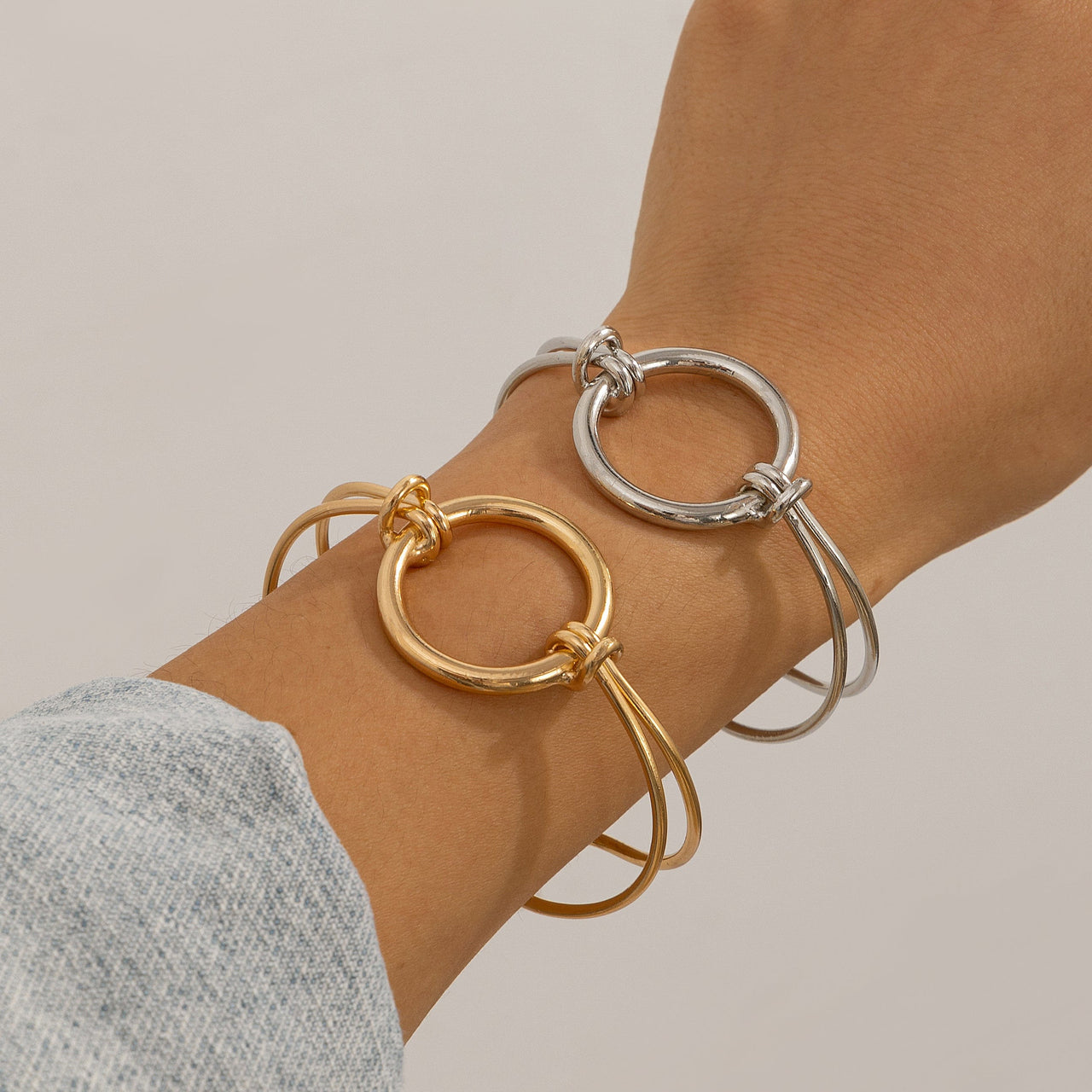 Minimalist  Duo Knotted Hoop Open Cuff Bangle Bracelet