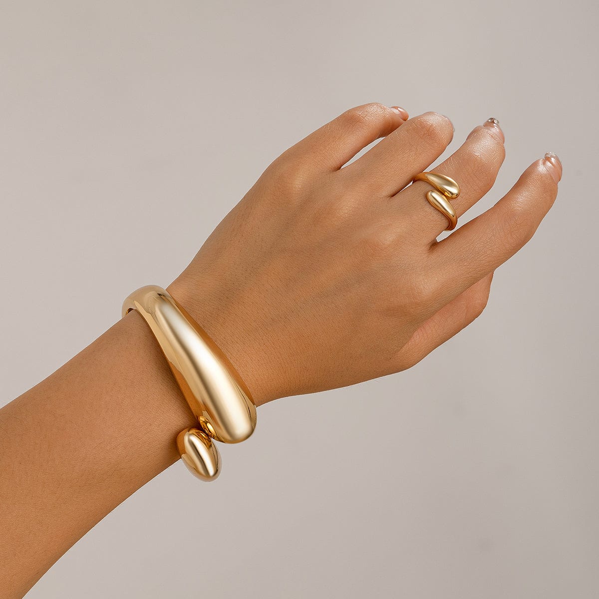 Minimalist Gold Silver Plated Glossy Open Ring Bangle Bracelet Set