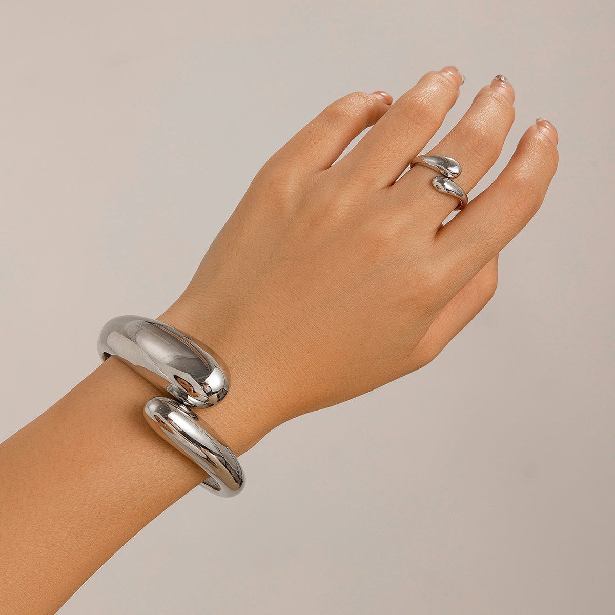 Minimalist Gold Silver Plated Glossy Open Ring Bangle Bracelet Set