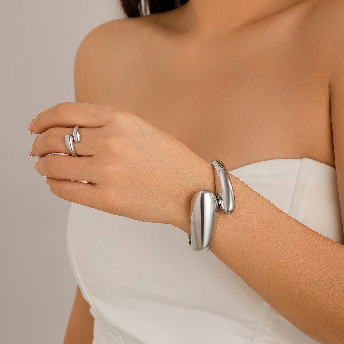 Minimalist Gold Silver Plated Glossy Open Ring Bangle Bracelet Set