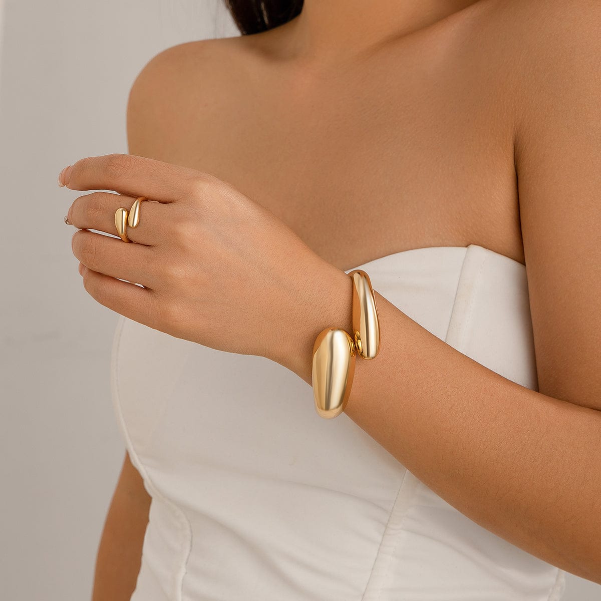 Minimalist Gold Silver Plated Glossy Open Ring Bangle Bracelet Set