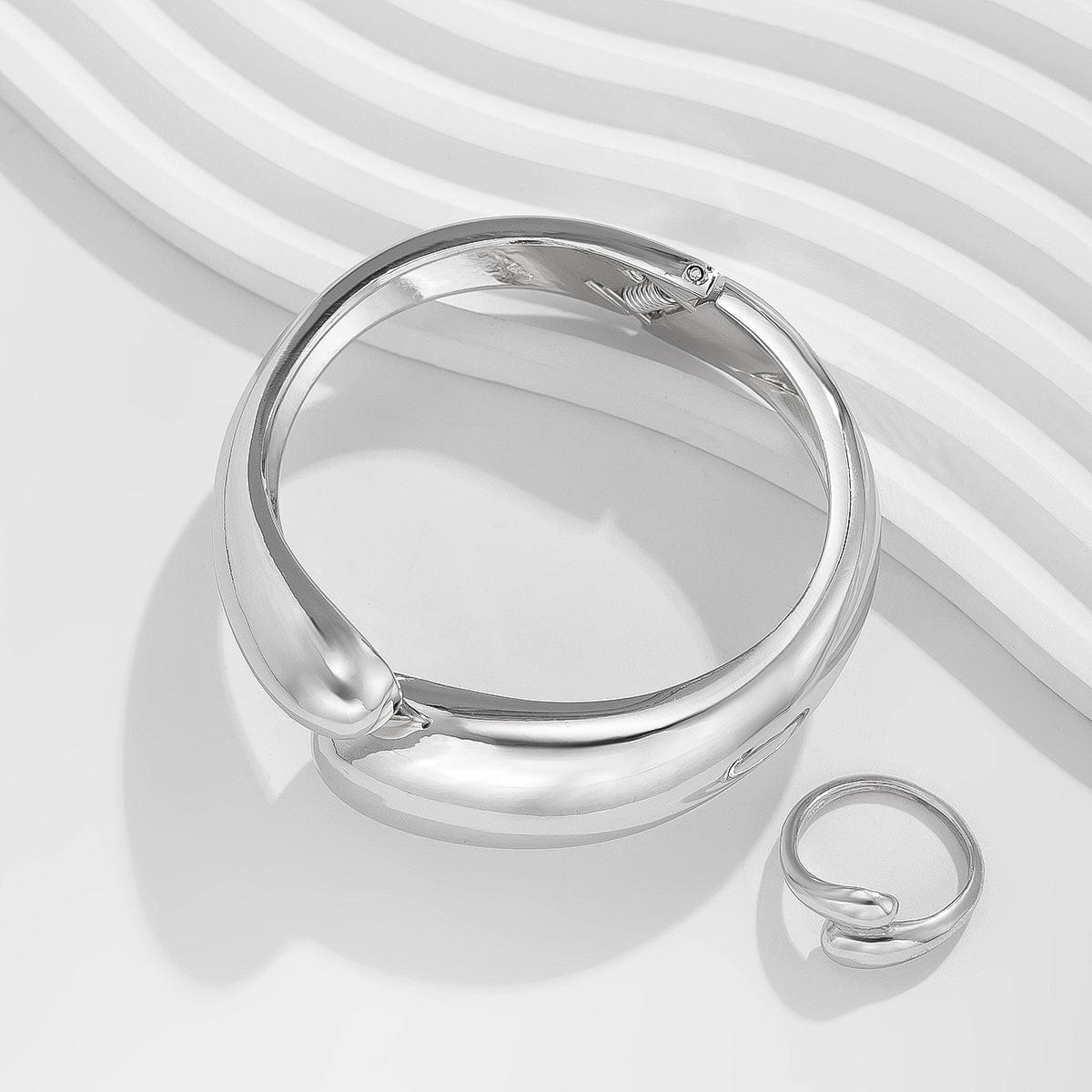 Minimalist Gold Silver Plated Glossy Open Ring Bangle Bracelet Set