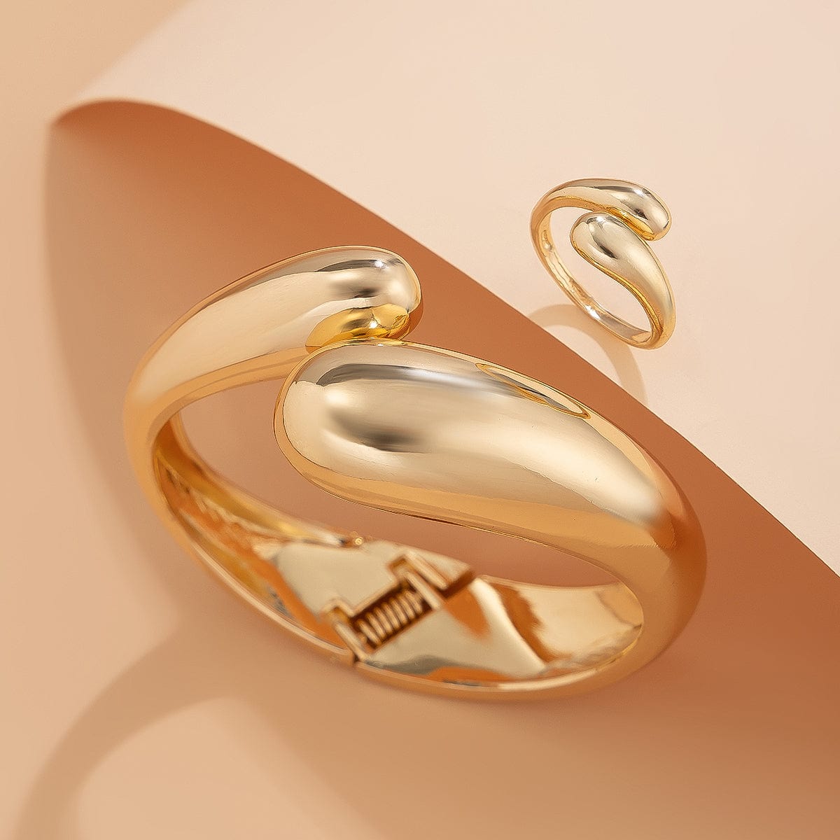 Minimalist Gold Silver Plated Glossy Open Ring Bangle Bracelet Set