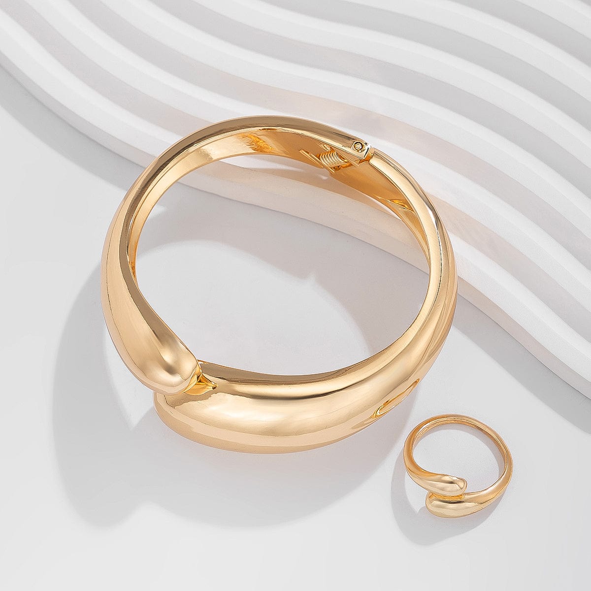 Minimalist Gold Silver Plated Glossy Open Ring Bangle Bracelet Set