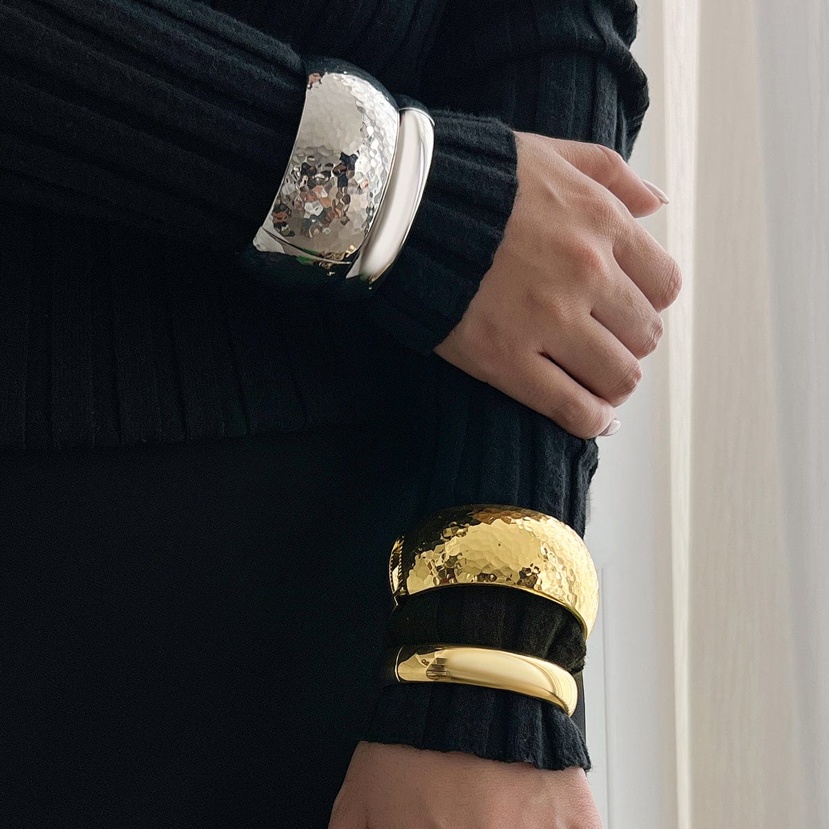 Minimalist Gold Silver Plated Hammered Wide Cuff Bangle Bracelet - ArtGalleryZen