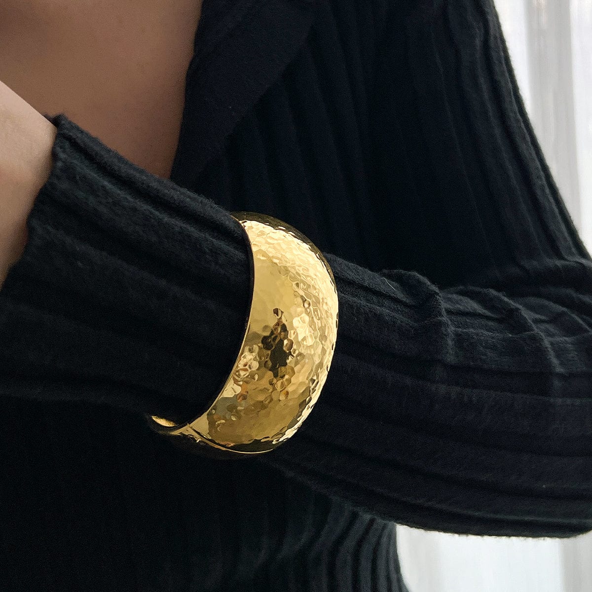 Minimalist Gold Silver Plated Hammered Wide Cuff Bangle Bracelet - ArtGalleryZen