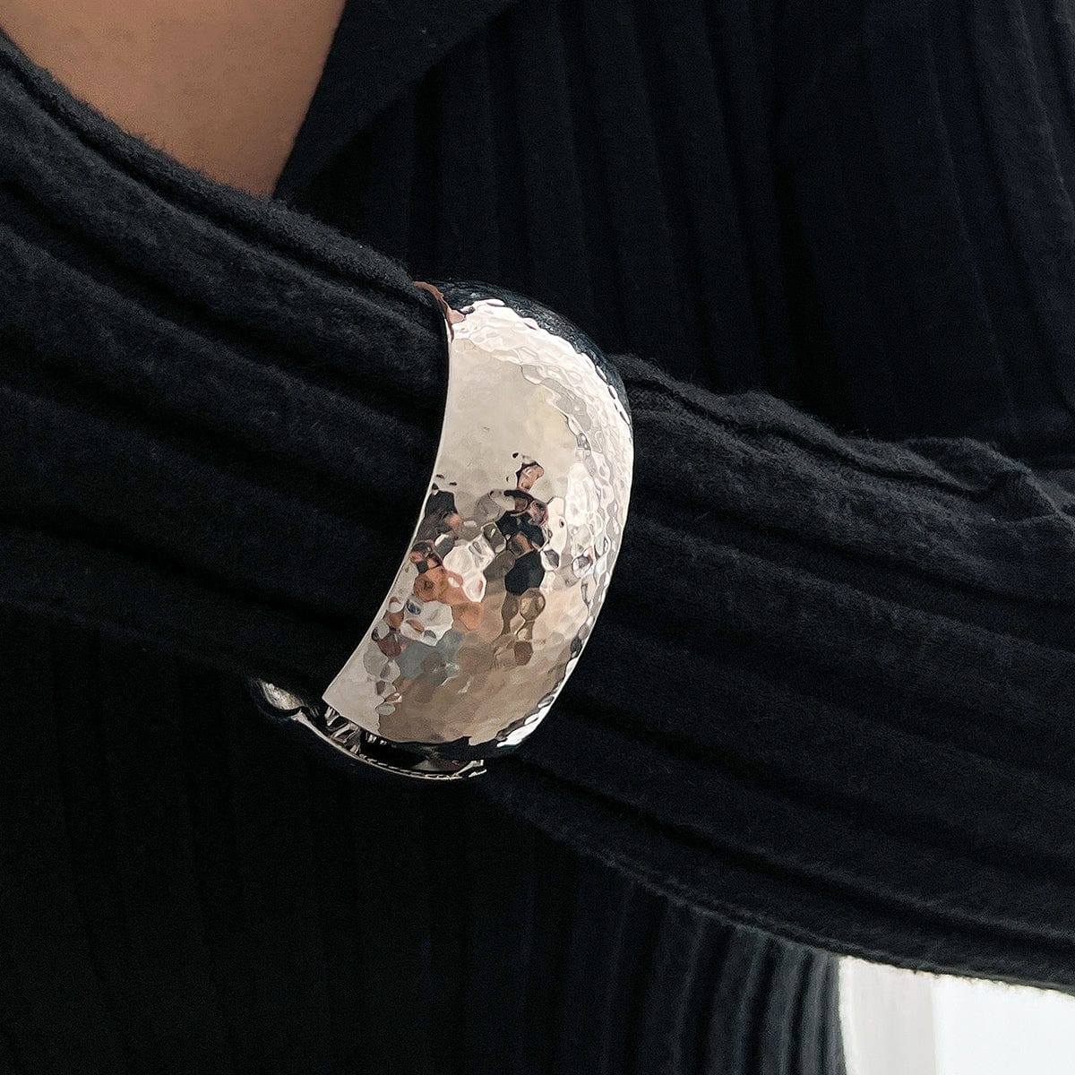 Minimalist Gold Silver Plated Hammered Wide Cuff Bangle Bracelet - ArtGalleryZen
