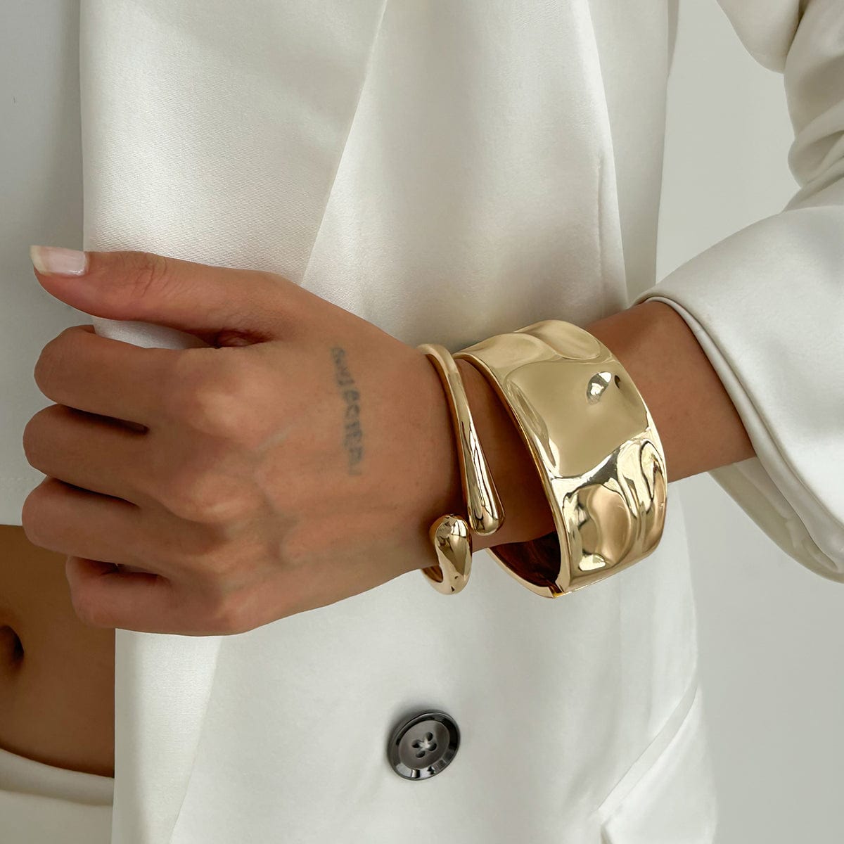 Minimalist Gold Tone Textured Wide Cuff Bangle Bracelet Set - ArtGalleryZen