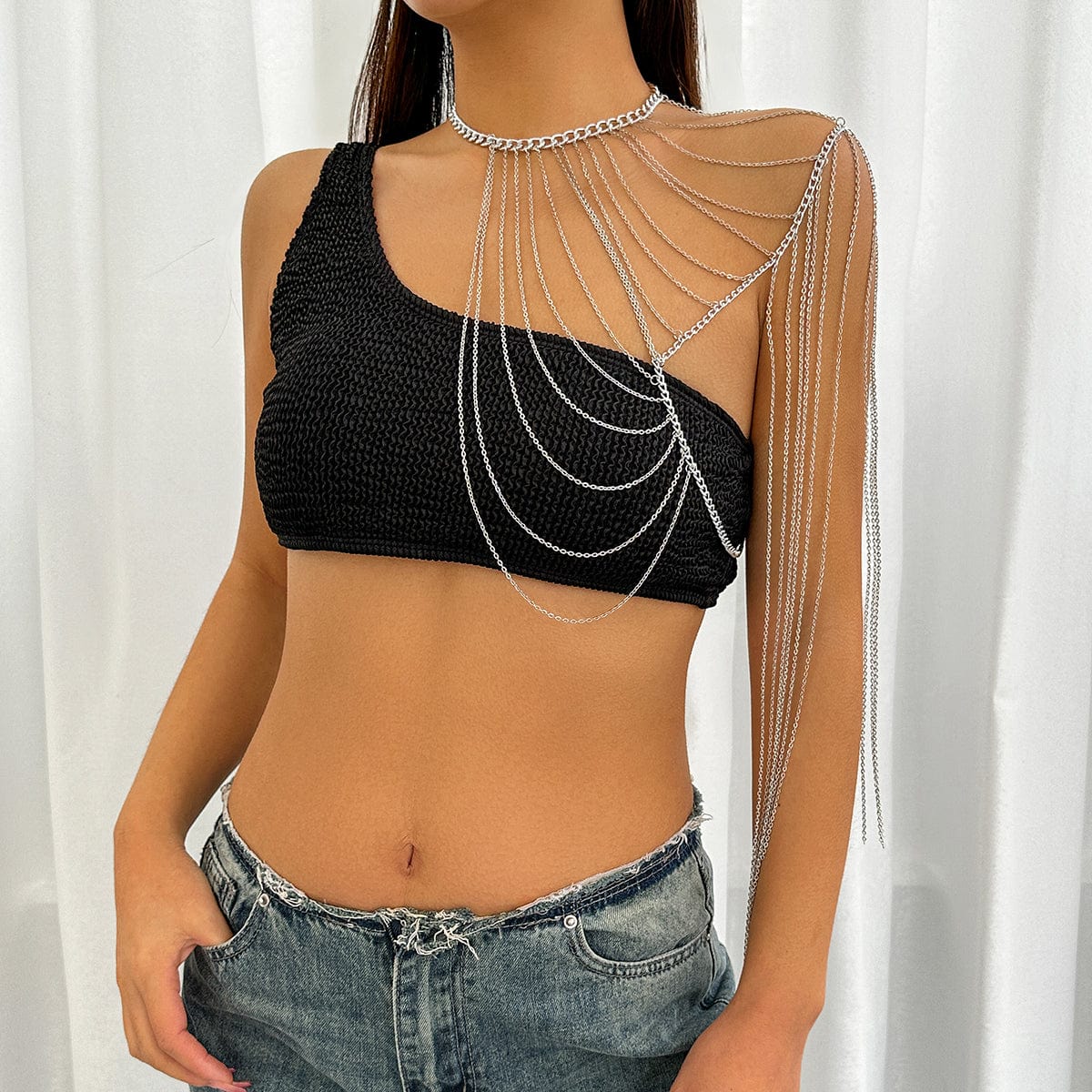 Minimalist Layered Curb Link Chain Tassel Shoulder Necklace