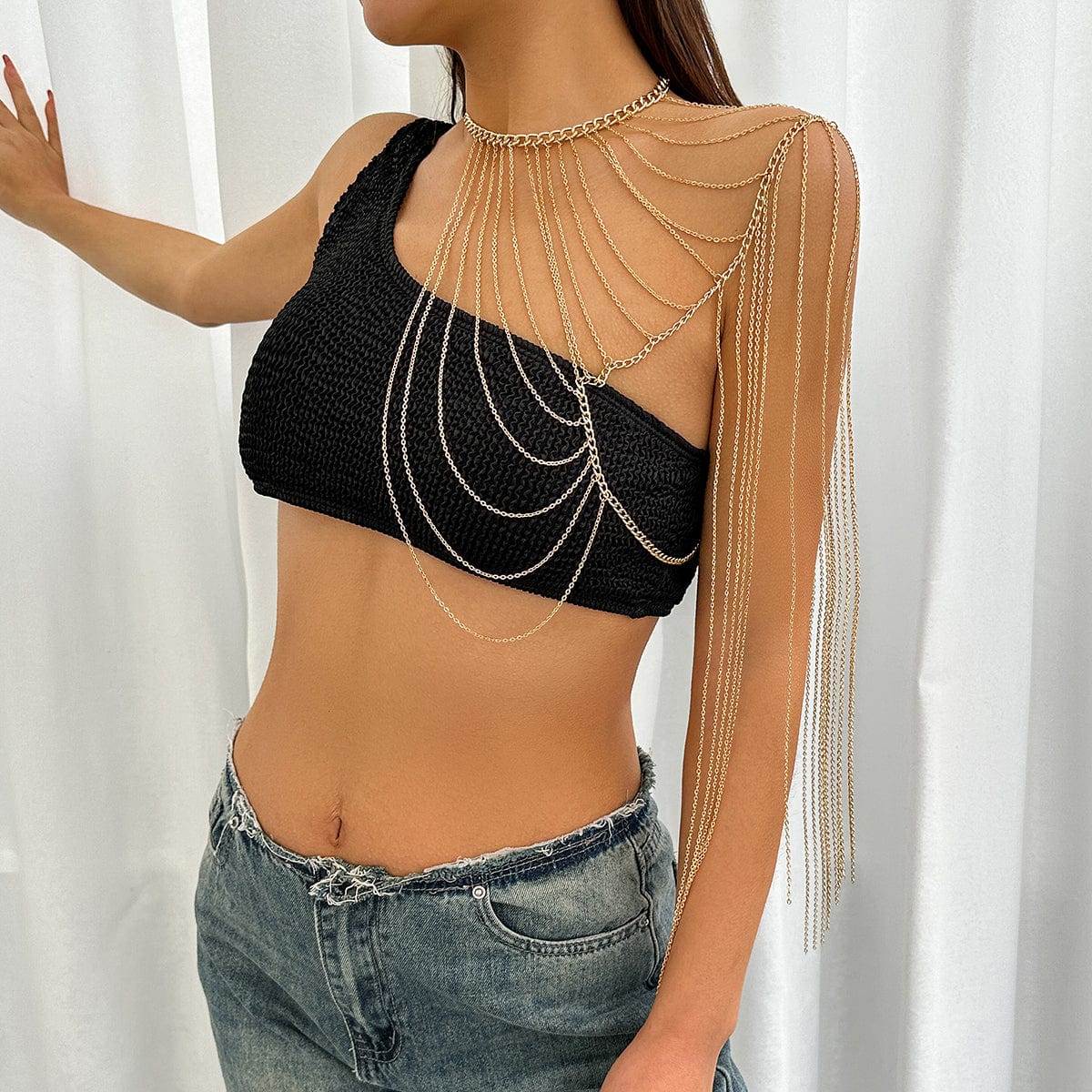 Minimalist Layered Curb Link Chain Tassel Shoulder Necklace