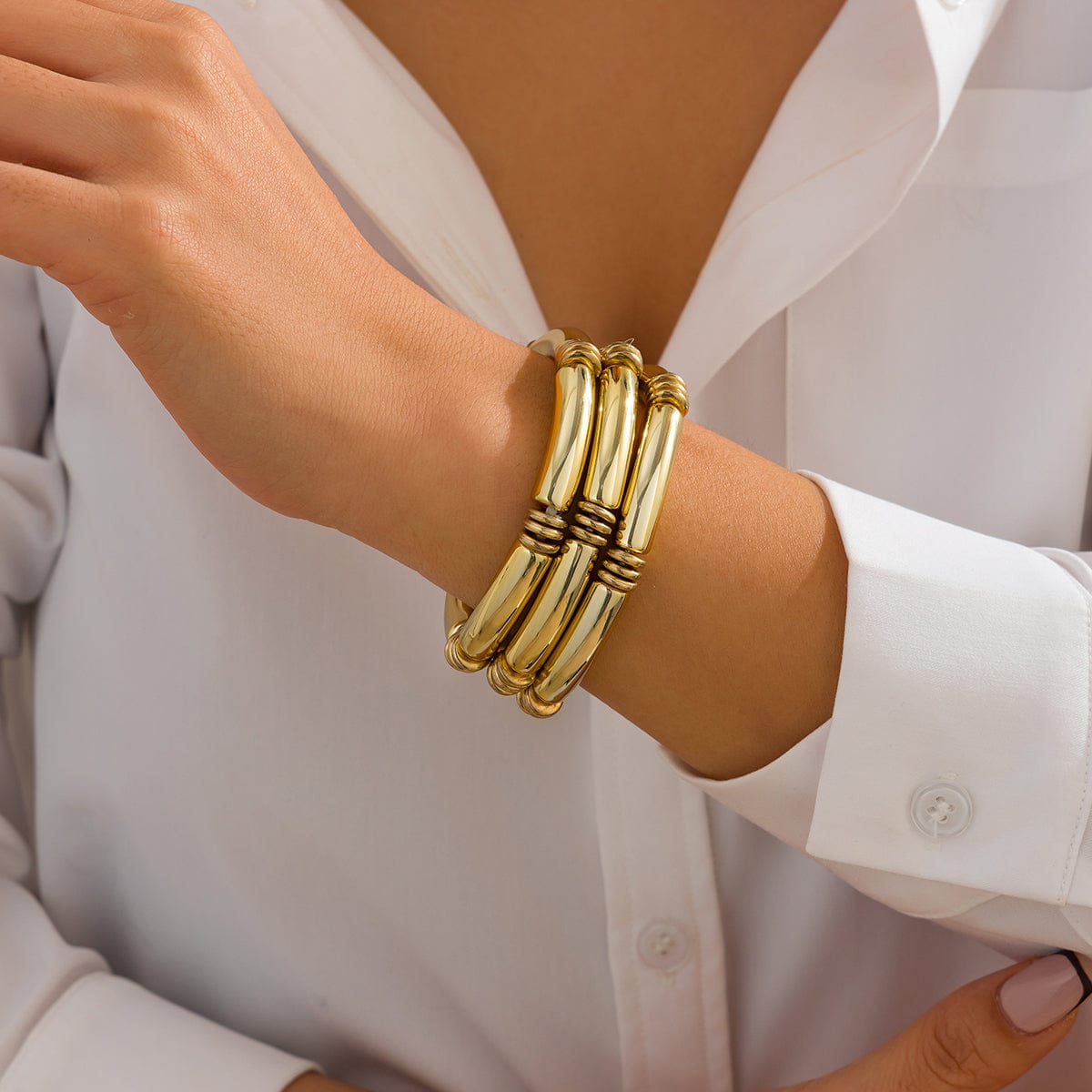 Minimalist Layered Gold Silver Plated Bamboo Pattern Bracelet Set