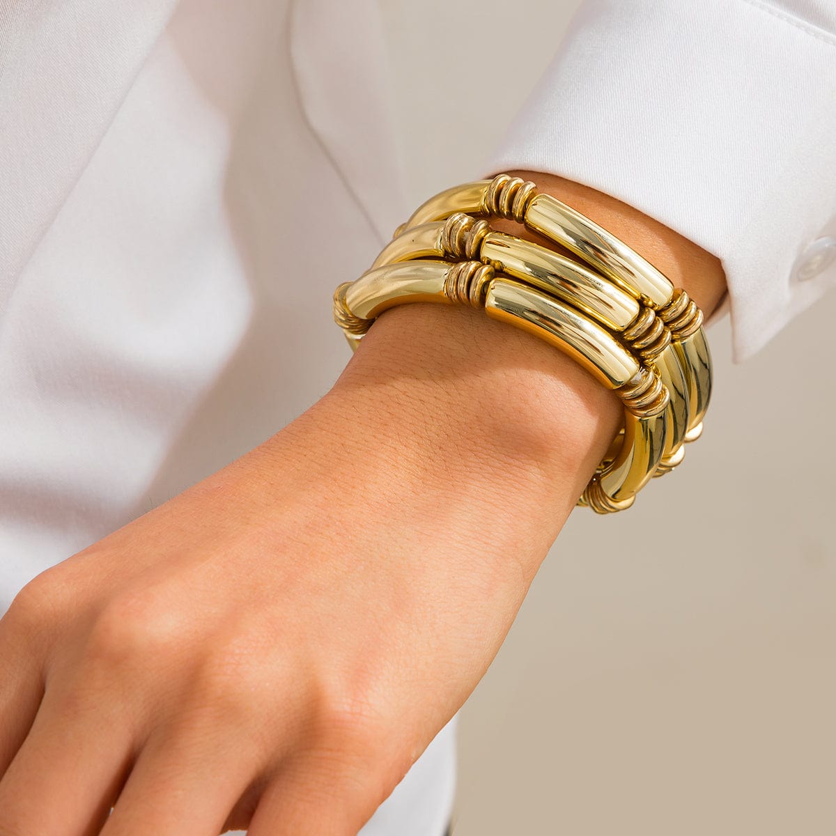 Minimalist Layered Gold Silver Plated Bamboo Pattern Bracelet Set