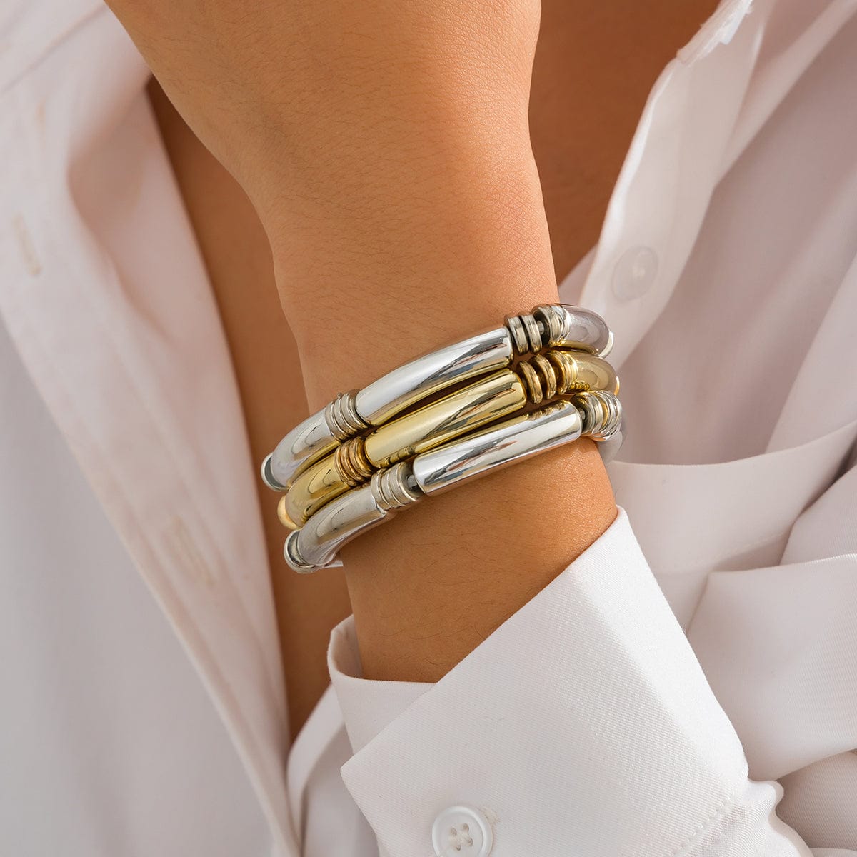 Minimalist Layered Gold Silver Plated Bamboo Pattern Bracelet Set