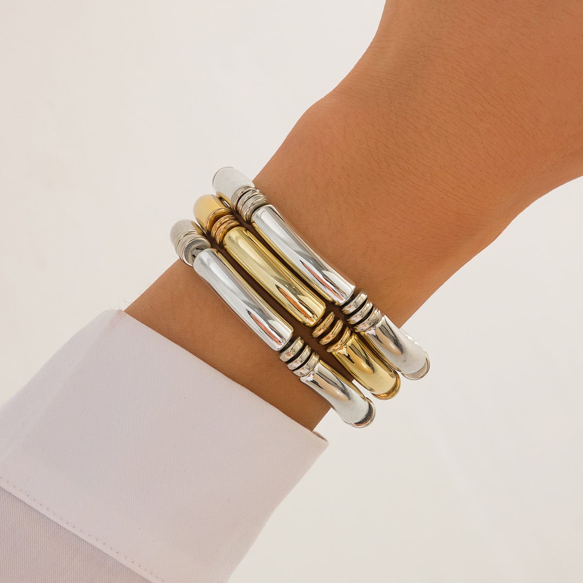 Minimalist Layered Gold Silver Plated Bamboo Pattern Bracelet Set