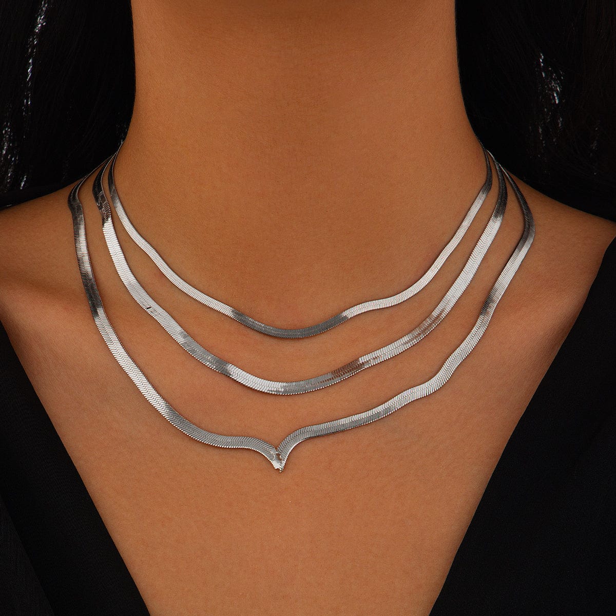 Minimalist Layered Herringbone Chain Necklace Set