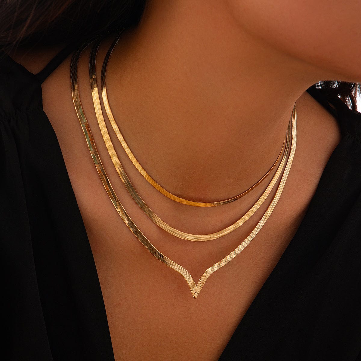 Minimalist Layered Herringbone Chain Necklace Set