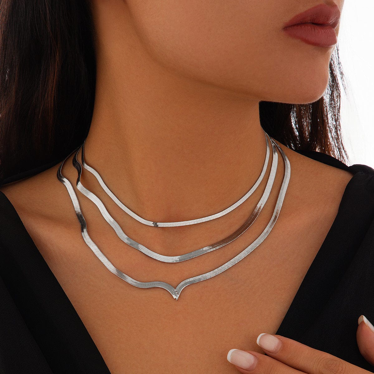 Minimalist Layered Herringbone Chain Necklace Set