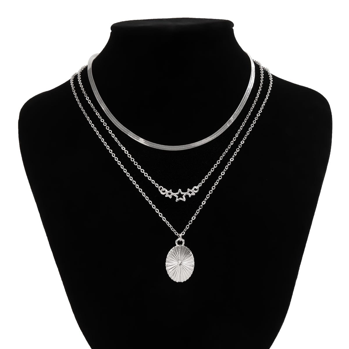 Minimalist Layered Star Oval Frosted Pendant Snake Chain Necklace Set - ArtGalleryZen