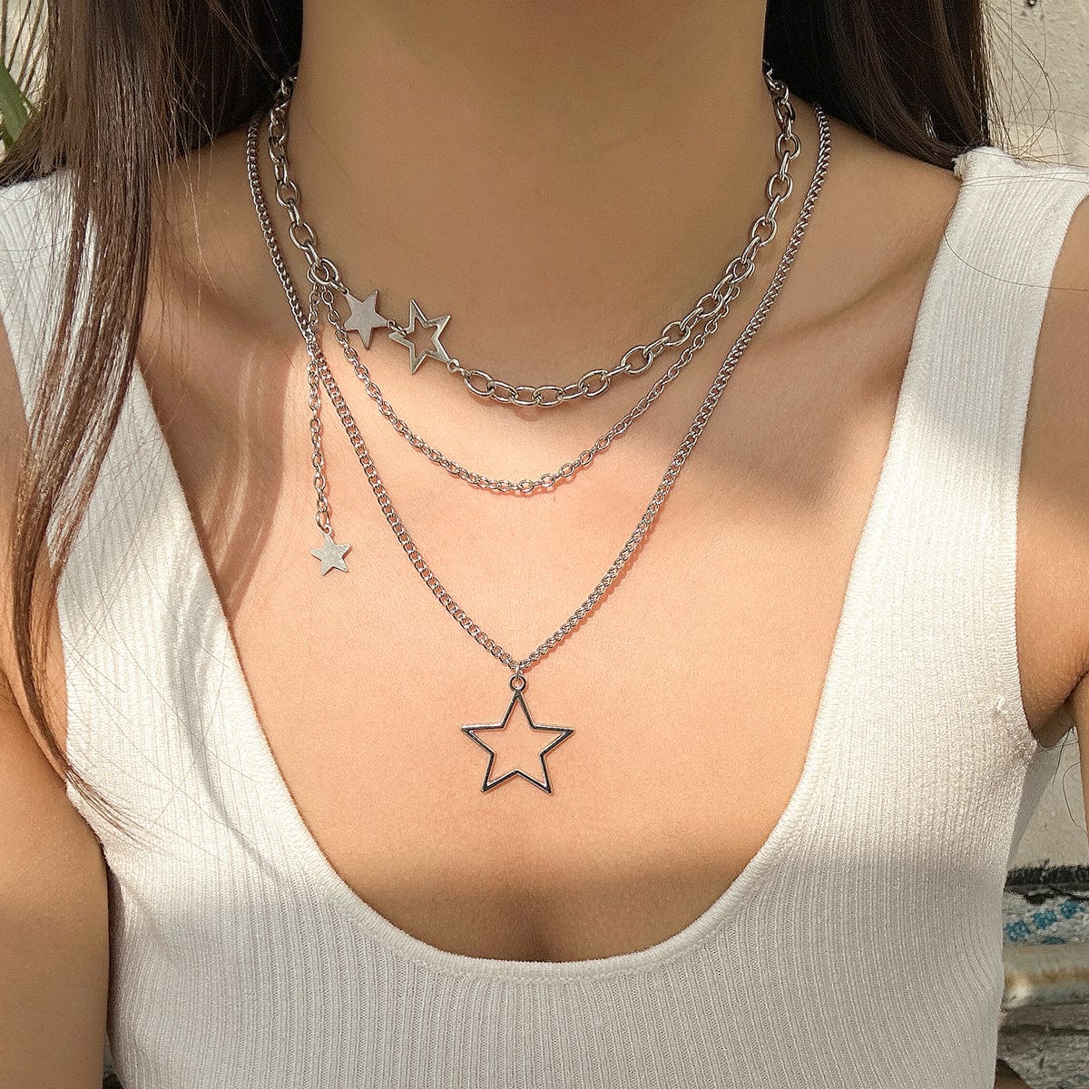 Minimalist Layered Star Pendant Curb Chain Necklace Set - ArtGalleryZen