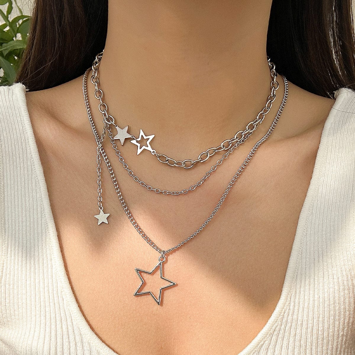 Minimalist Layered Star Pendant Curb Chain Necklace Set - ArtGalleryZen