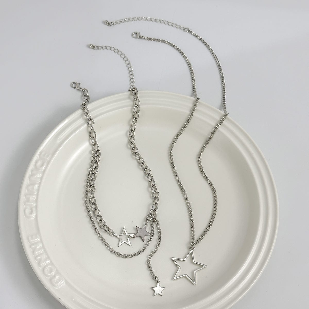 Minimalist Layered Star Pendant Curb Chain Necklace Set - ArtGalleryZen