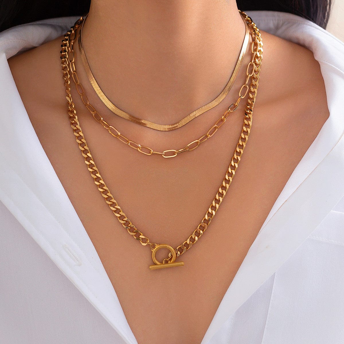 Minimalist Layered Toggle Clasp Curb Snake Chain Necklace Set