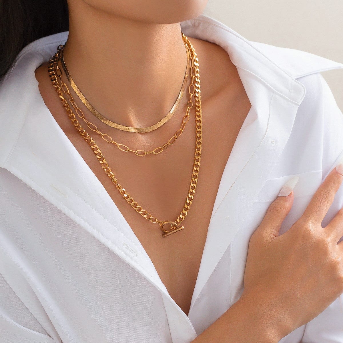 Minimalist Layered Toggle Clasp Curb Snake Chain Necklace Set