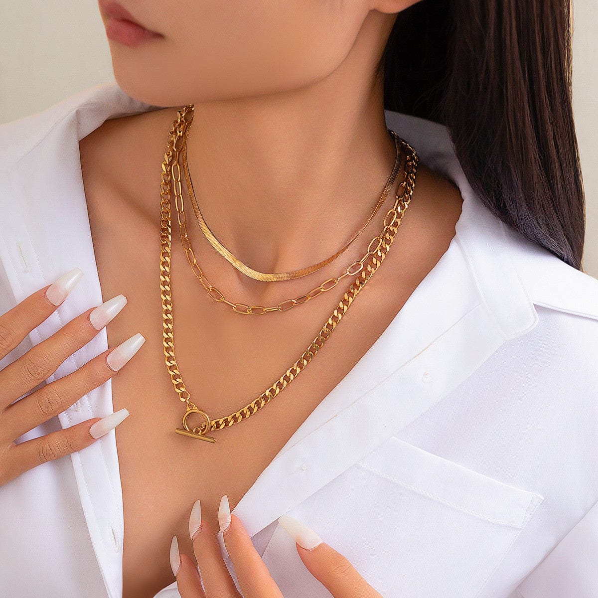 Minimalist Layered Toggle Clasp Curb Snake Chain Necklace Set