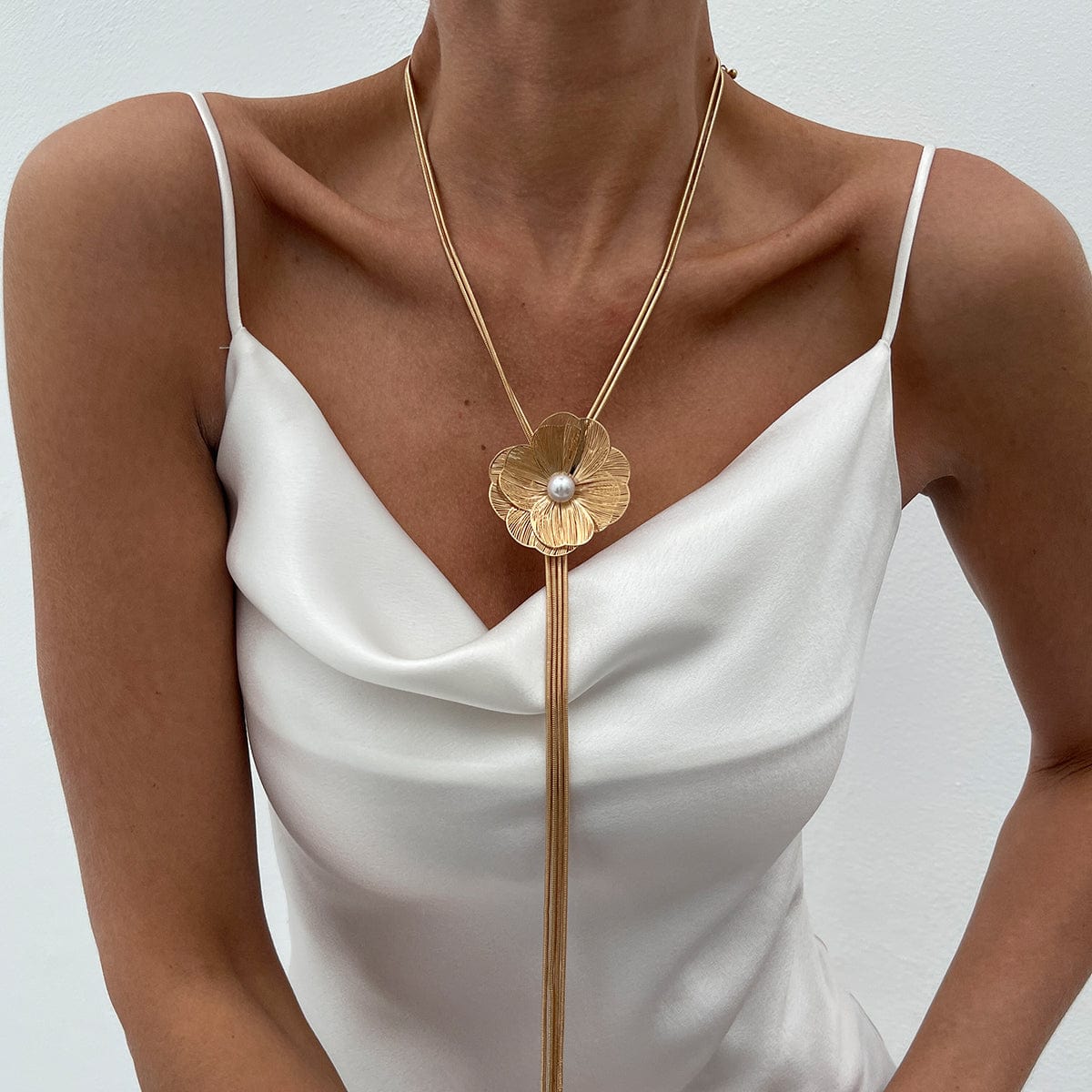 Minimalist Pearl Flower Charm Long Tassel Chain Y Necklace - ArtGalleryZen