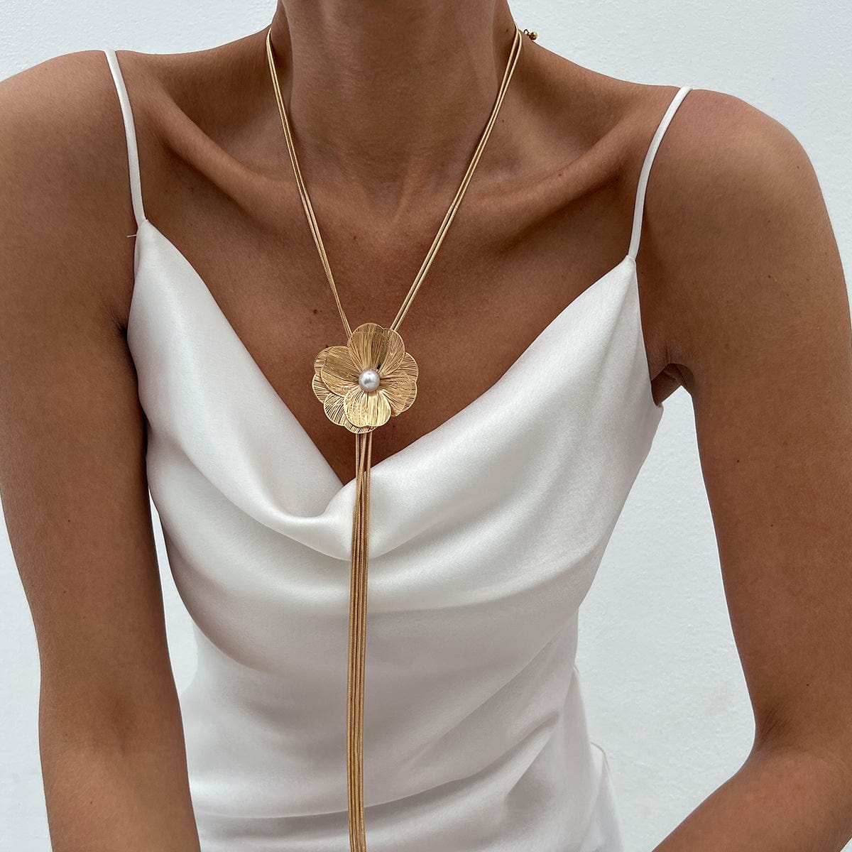 Minimalist Pearl Flower Charm Long Tassel Chain Y Necklace - ArtGalleryZen
