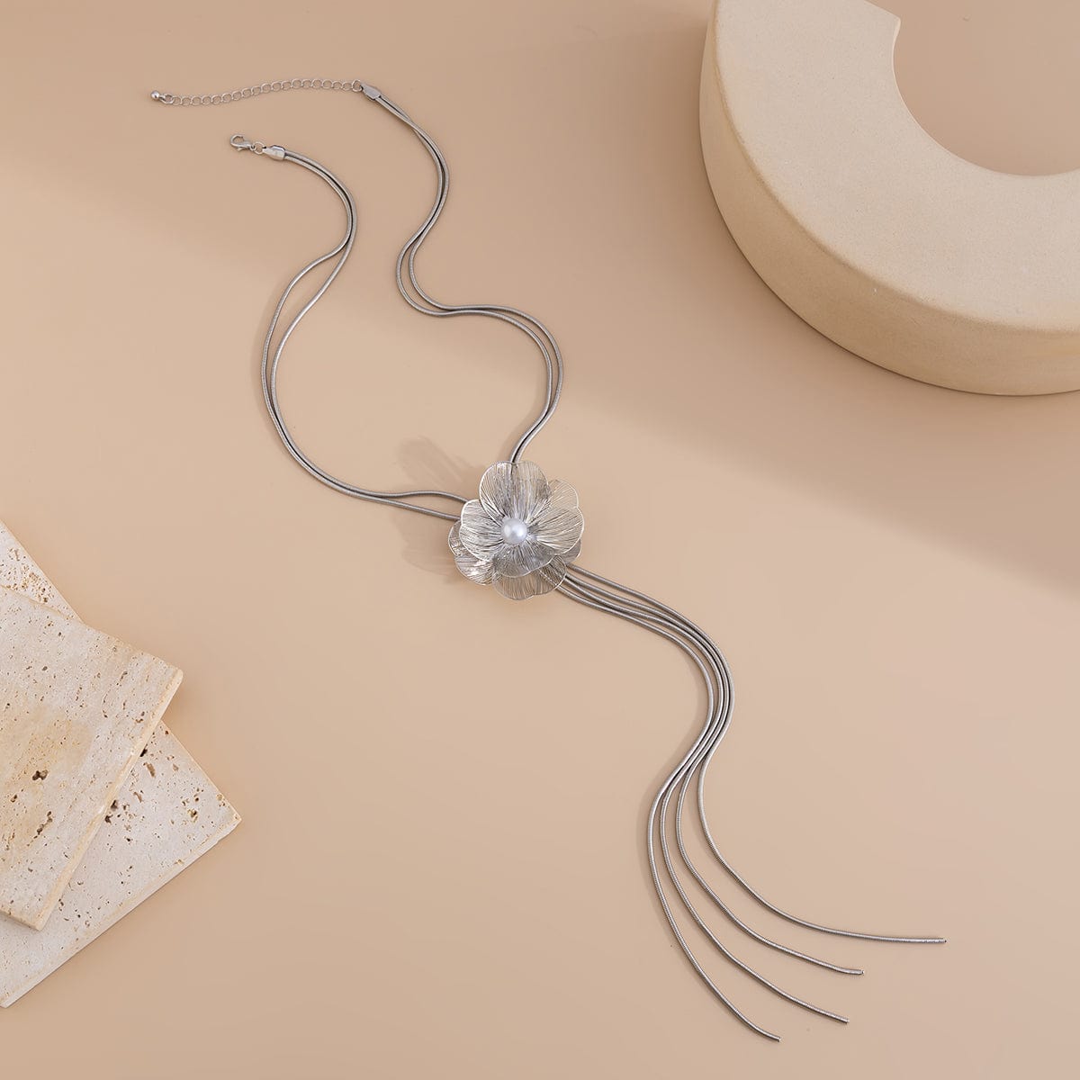 Minimalist Pearl Flower Charm Long Tassel Chain Y Necklace - ArtGalleryZen