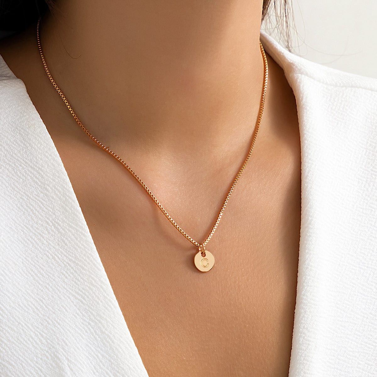 Minimalist Round Initial Pendant Box Chain Necklace - ArtGalleryZen