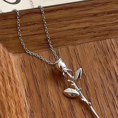 Minimalist Silver Tone Rose Flower Necklace - ArtGalleryZen