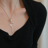 Thumbnail for Minimalist Silver Tone Rose Flower Necklace - ArtGalleryZen