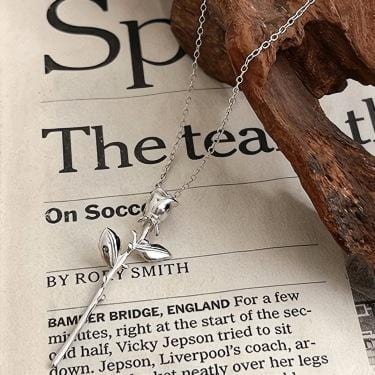 Minimalist Silver Tone Rose Flower Necklace - ArtGalleryZen