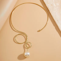 Thumbnail for Minimalist Spiral Pearl Pendant Open Collar Necklace - ArtGalleryZen
