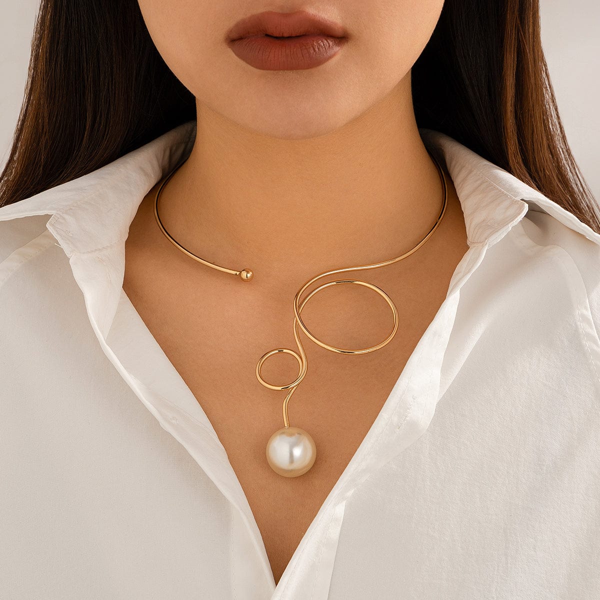 Minimalist Spiral Pearl Pendant Open Collar Necklace