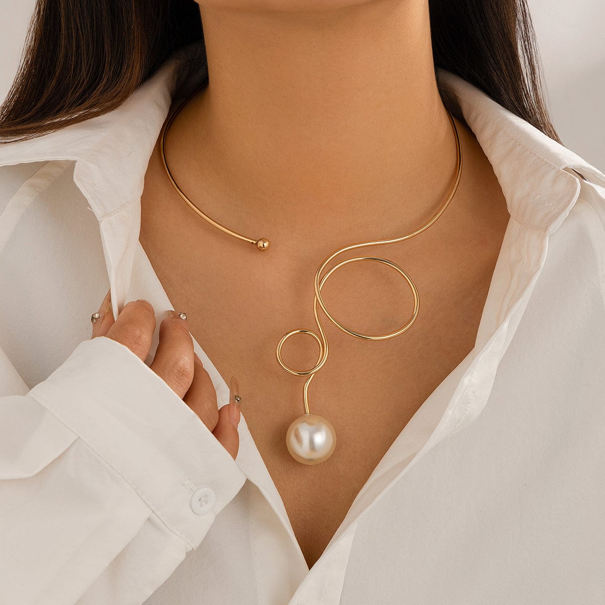 Minimalist Spiral Pearl Pendant Open Collar Necklace