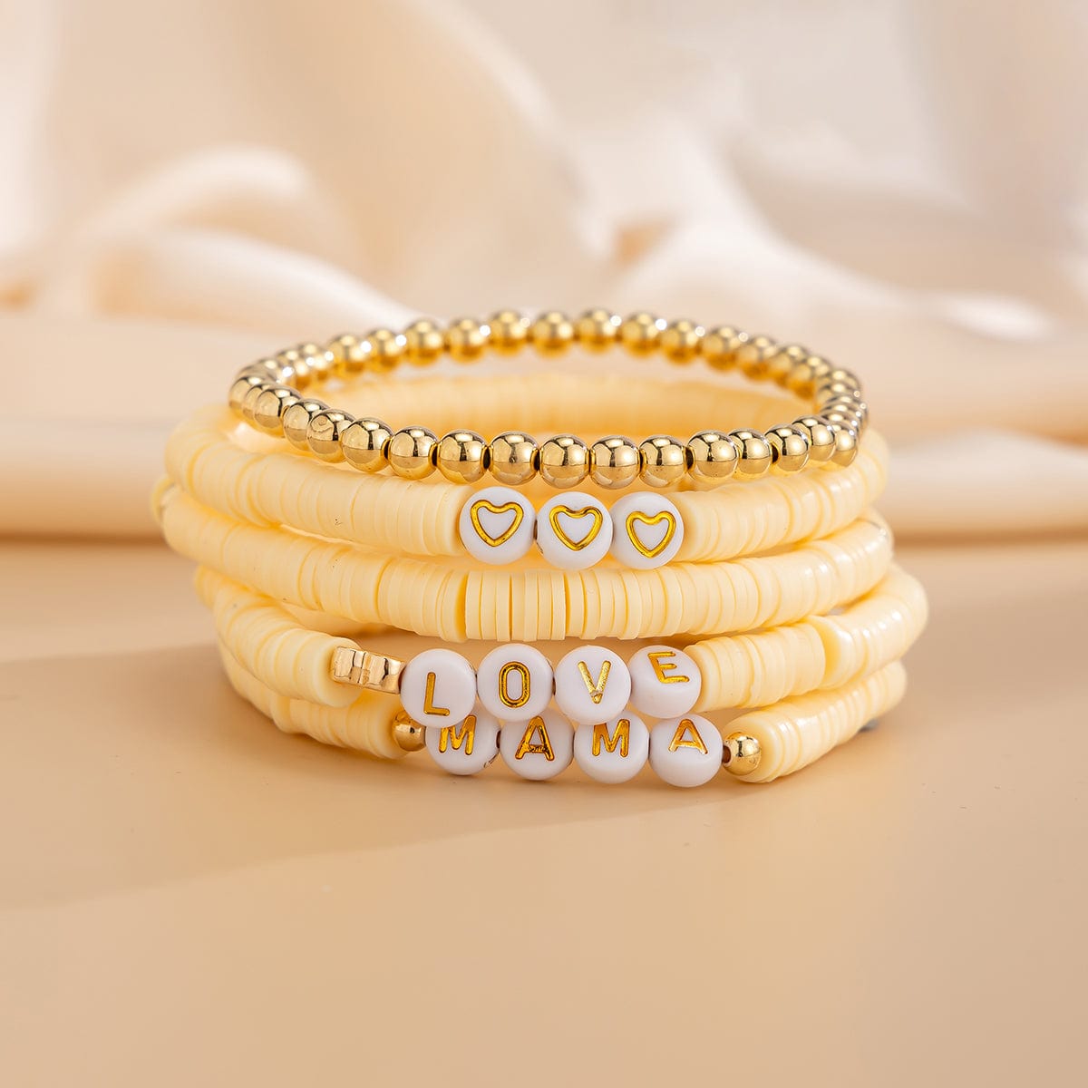 Mother's Day Heart Letter Polymer Clay Beaded Bracelet Set - ArtGalleryZen