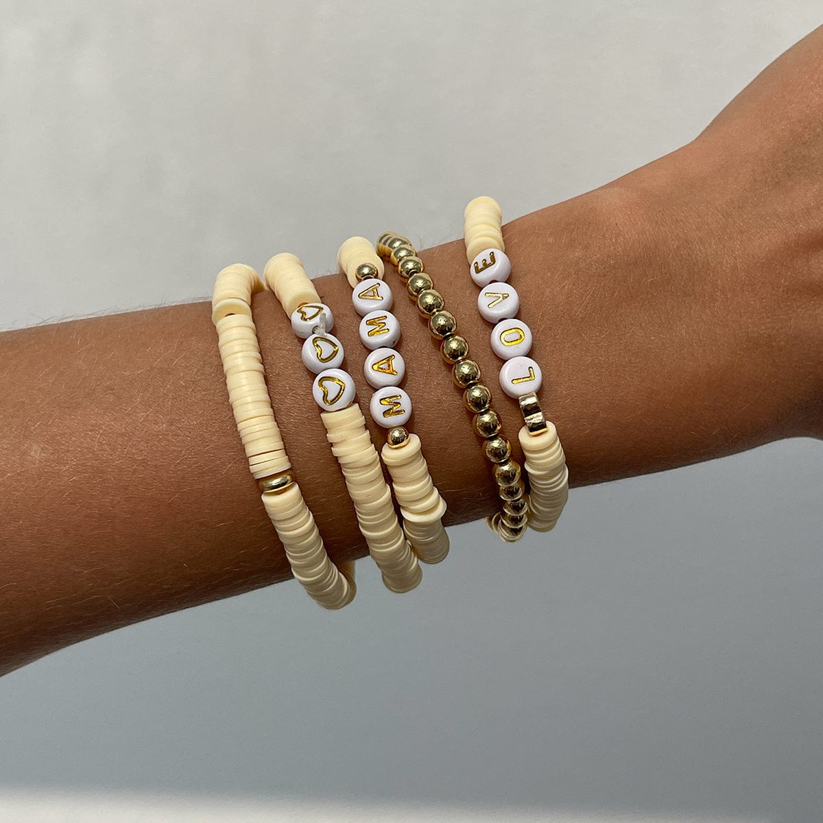 Mother's Day Heart Letter Polymer Clay Beaded Bracelet Set - ArtGalleryZen